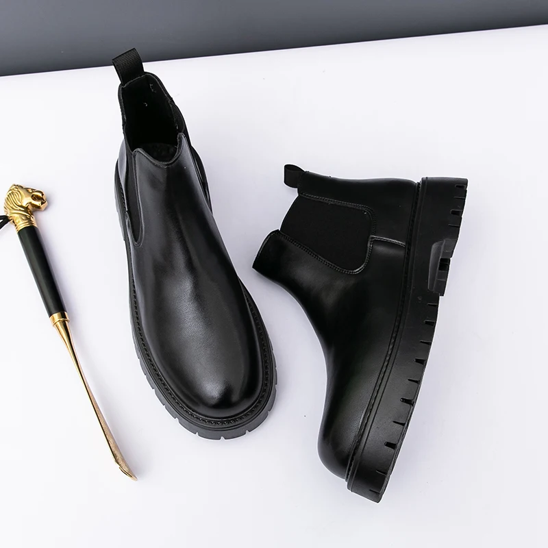 Autumn Winter Chelsea Boots New Designer Leather Business Boots Men Solid Color Platform High Top Shoes Man Fashion Casual Botas - Image 6