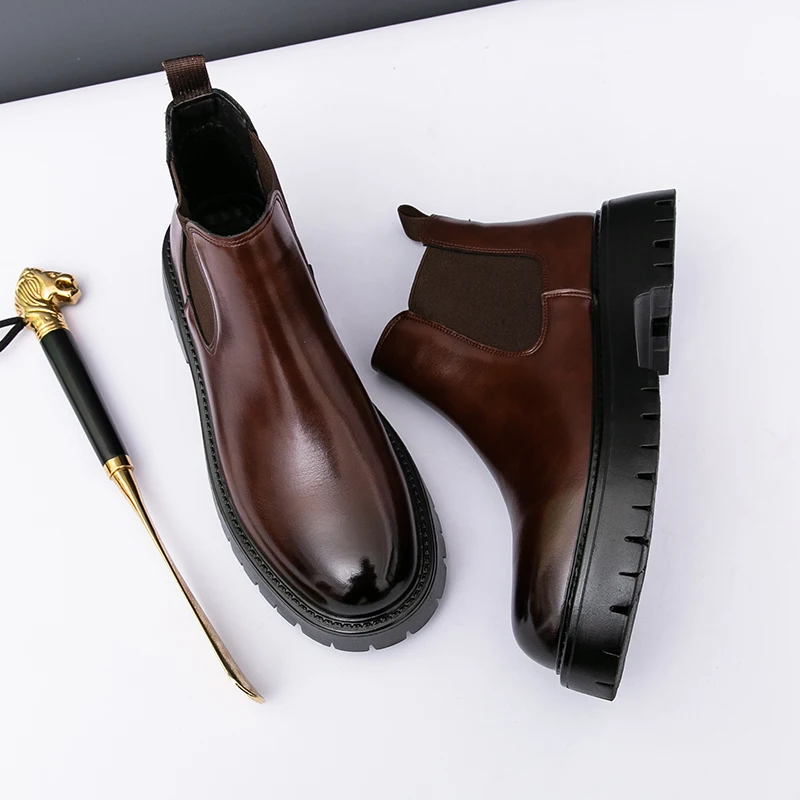 Autumn Winter Chelsea Boots New Designer Leather Business Boots Men Solid Color Platform High Top Shoes Man Fashion Casual Botas - Image 3
