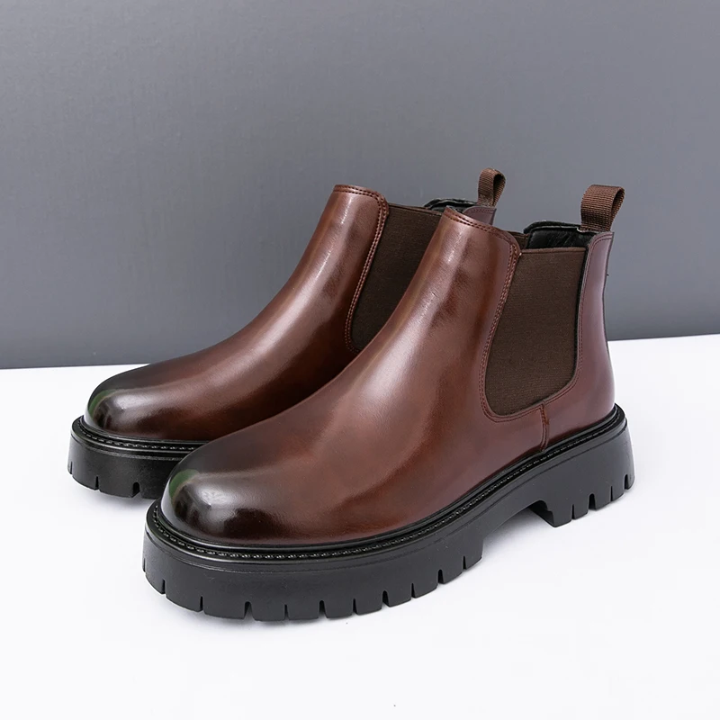 Autumn Winter Chelsea Boots New Designer Leather Business Boots Men Solid Color Platform High Top Shoes Man Fashion Casual Botas - Image 2