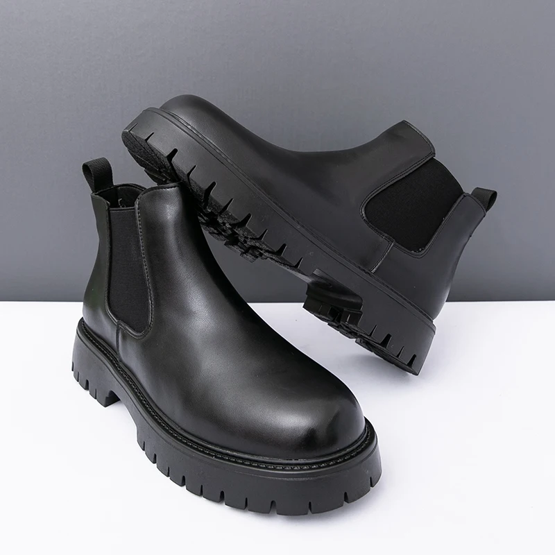 Autumn Winter Chelsea Boots New Designer Leather Business Boots Men Solid Color Platform High Top Shoes Man Fashion Casual Botas - Image 4